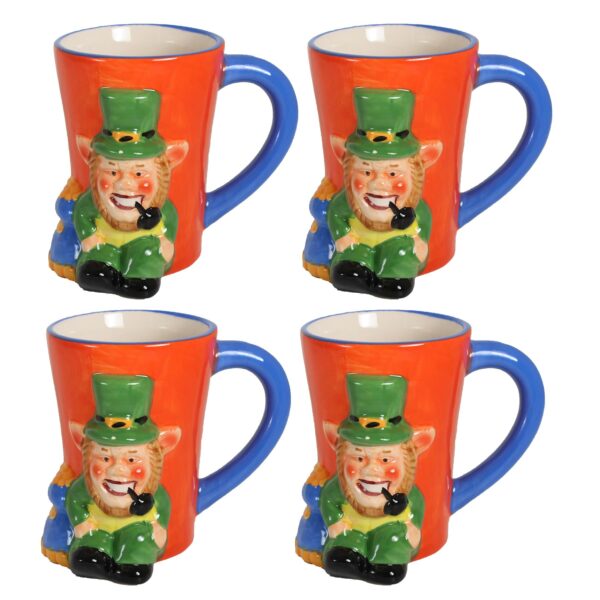 Leprechaun Ceramic Mugs Set of 4 St Patricks Day Colourful Novelty Gift Boxed