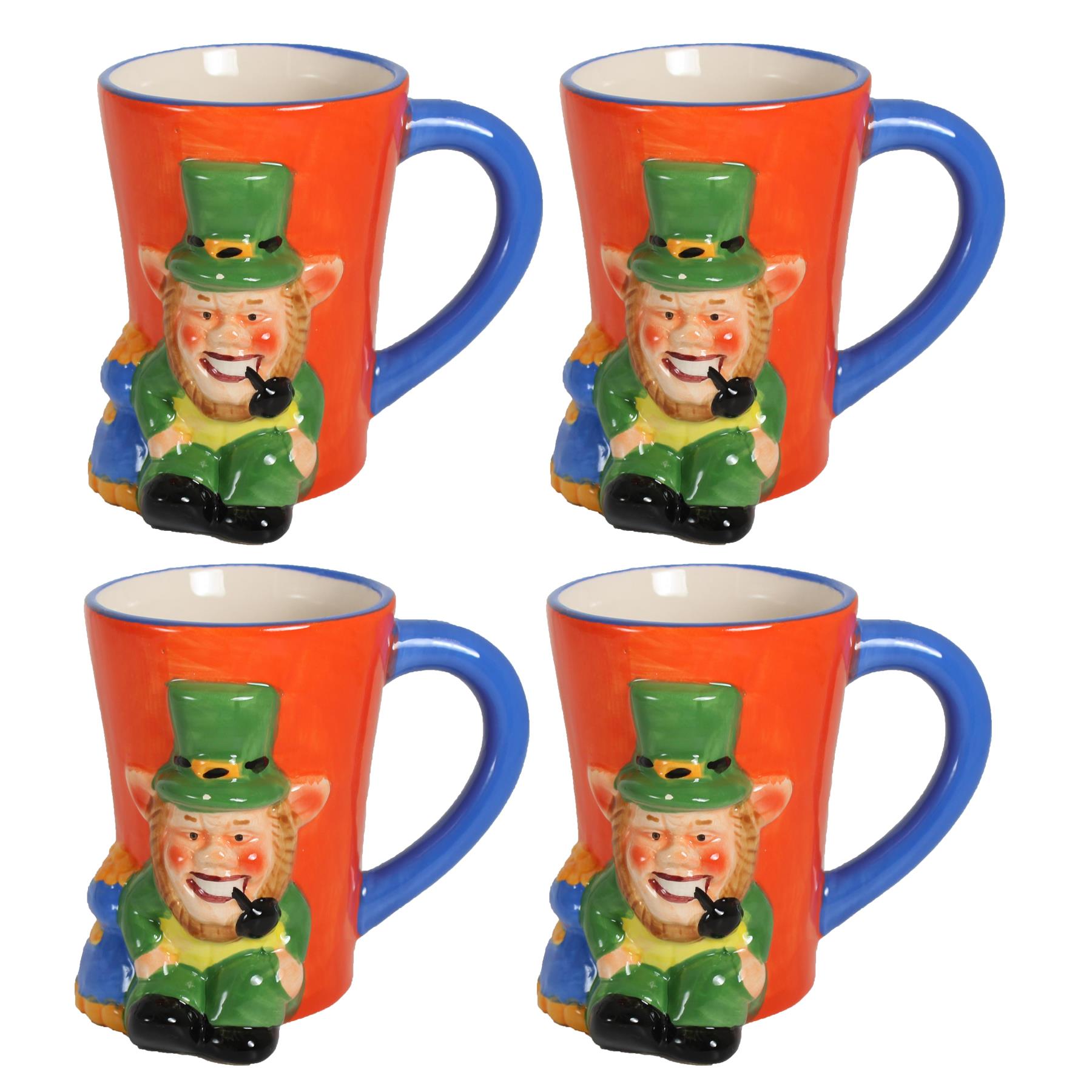 Leprechaun Ceramic Mugs Set of 4 St Patricks Day Colourful Novelty Gift Boxed