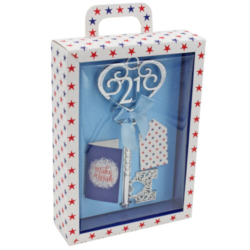 Boxed Silver 21st Birthday Key Keepsake Gift - Blue Design Stars