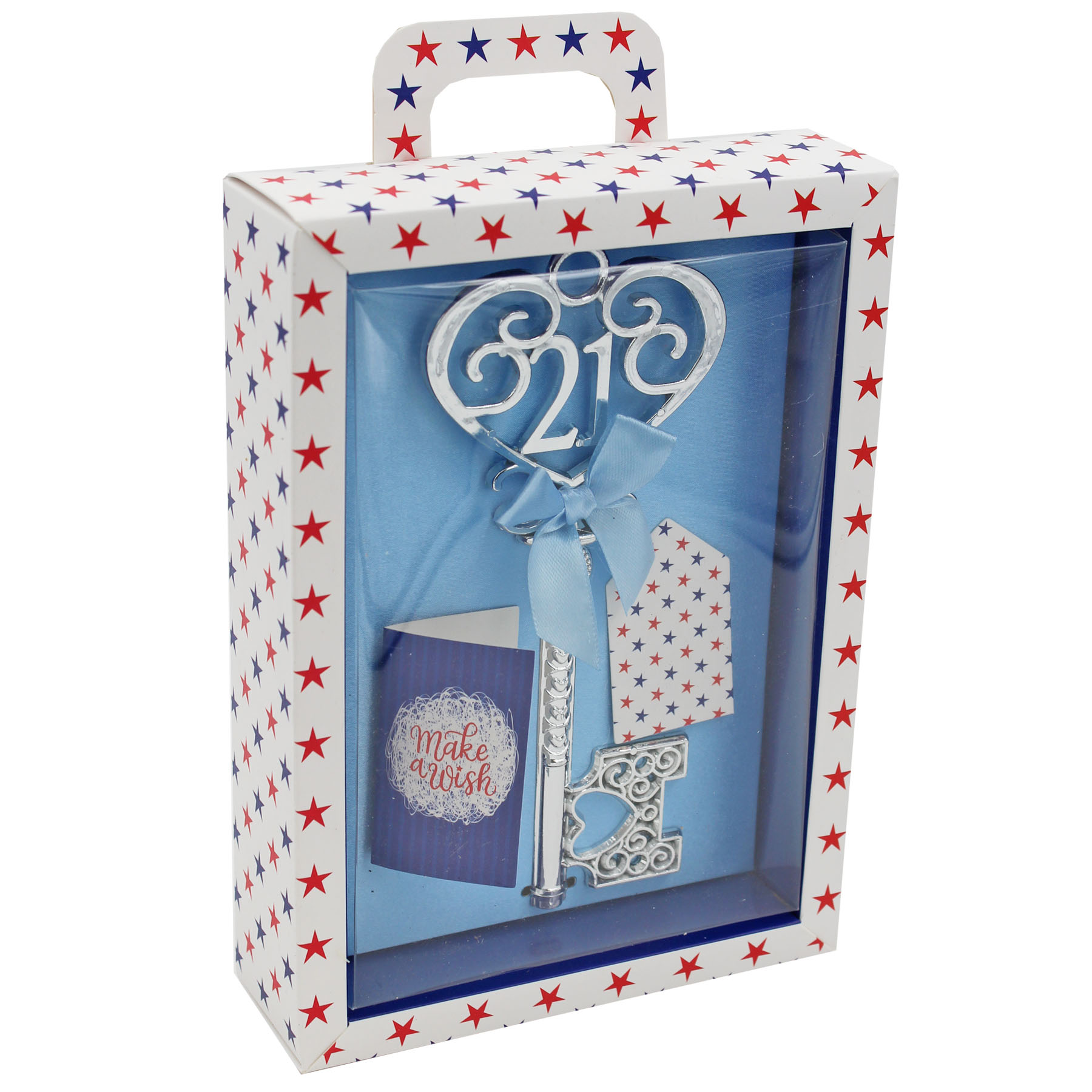 Boxed Silver 21st Birthday Key Keepsake Gift - Blue Design Stars