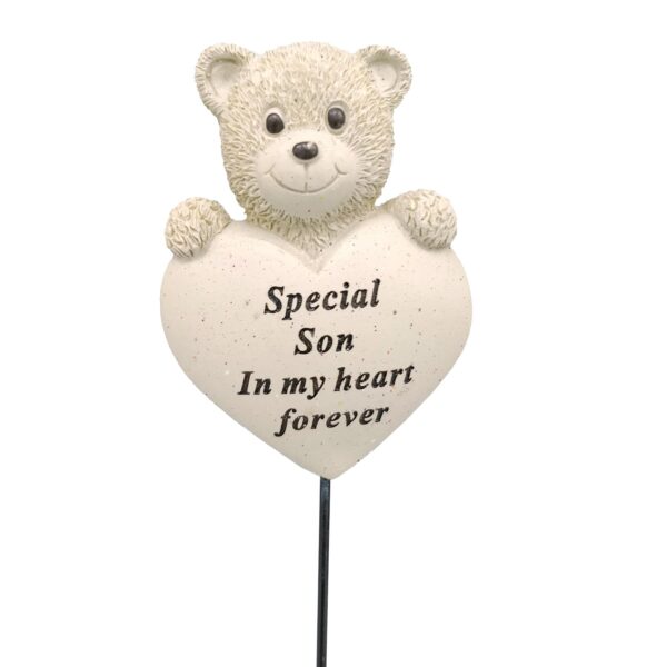 David Fischhoff Cream Memorial Graveside Teddy with Heart on a Stick - Son