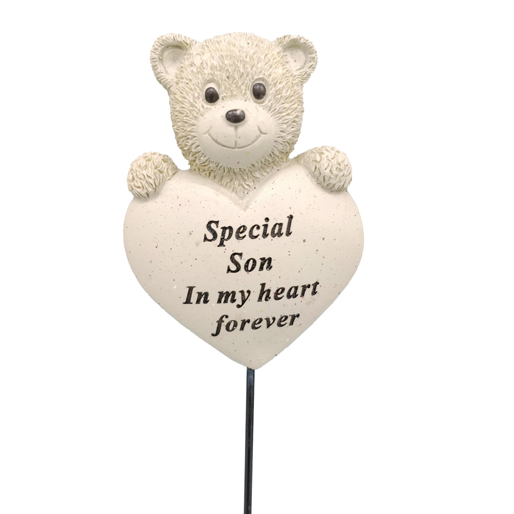 David Fischhoff Cream Memorial Graveside Teddy with Heart on a Stick - Son