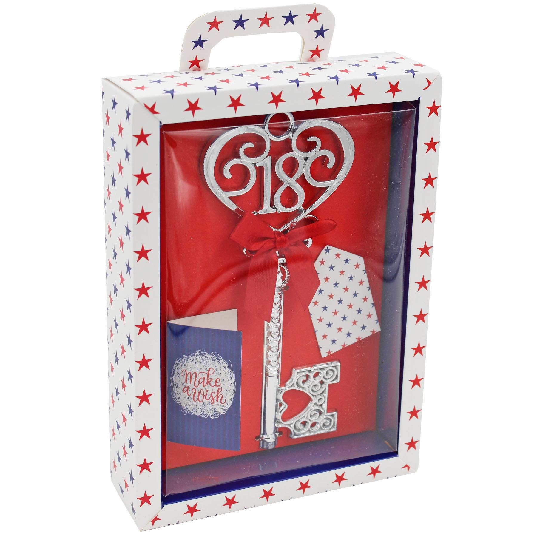 Boxed Silver 18th Birthday Key Keepsake Gift - Red Design Stars