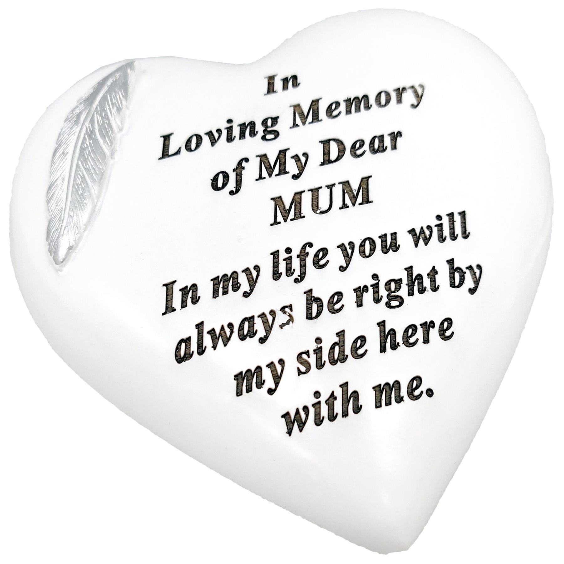 White Graveside Heart Memorial Plaque - Feather Detail - Mum
