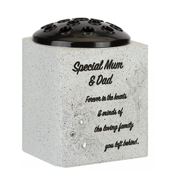 Memorial Rose Bowl Graveside Flower Vase with Diamanté and 3D Flowers - Special Mum and Dad