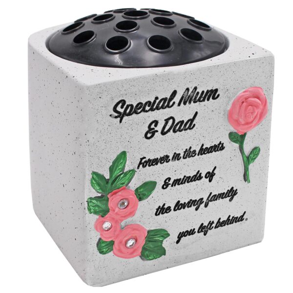 Memorial Rose Bowl Graveside Flower Vase with Coloured 3D Flowers - Mum and Dad Pink