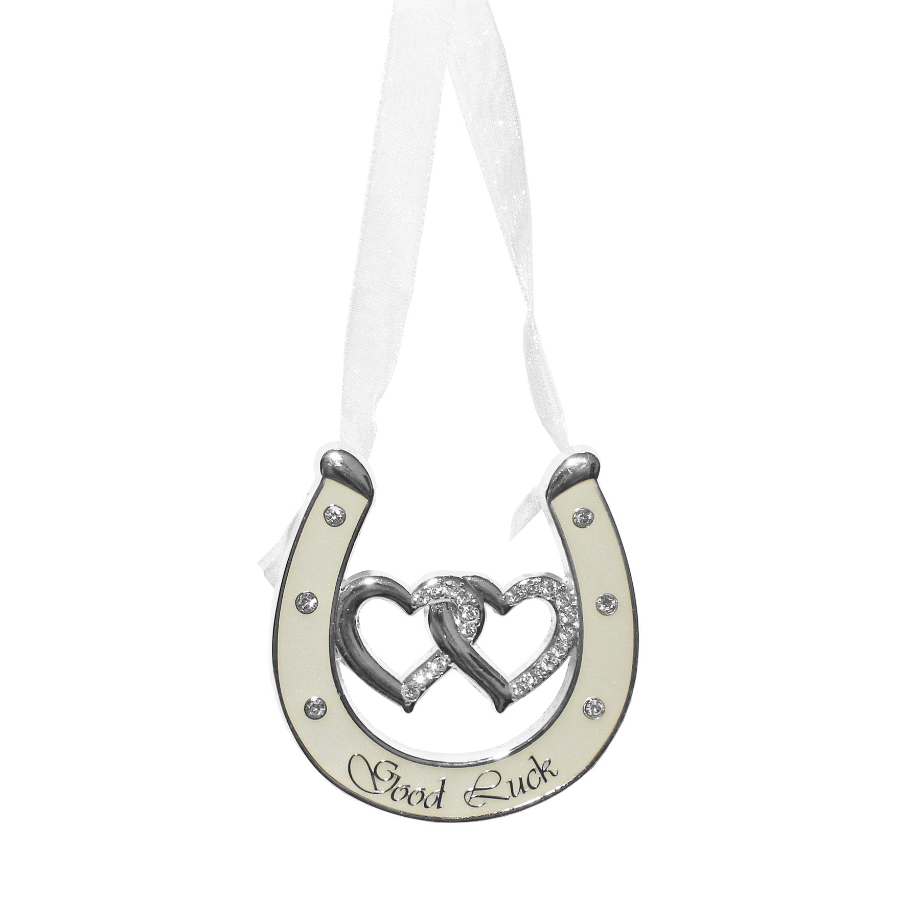 Wedding Silver / Ivory Double Heart Horseshoe with Diamantes - Good Luck