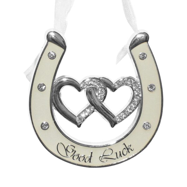 Wedding Silver / Ivory Double Heart Horseshoe with Diamantes - Good Luck