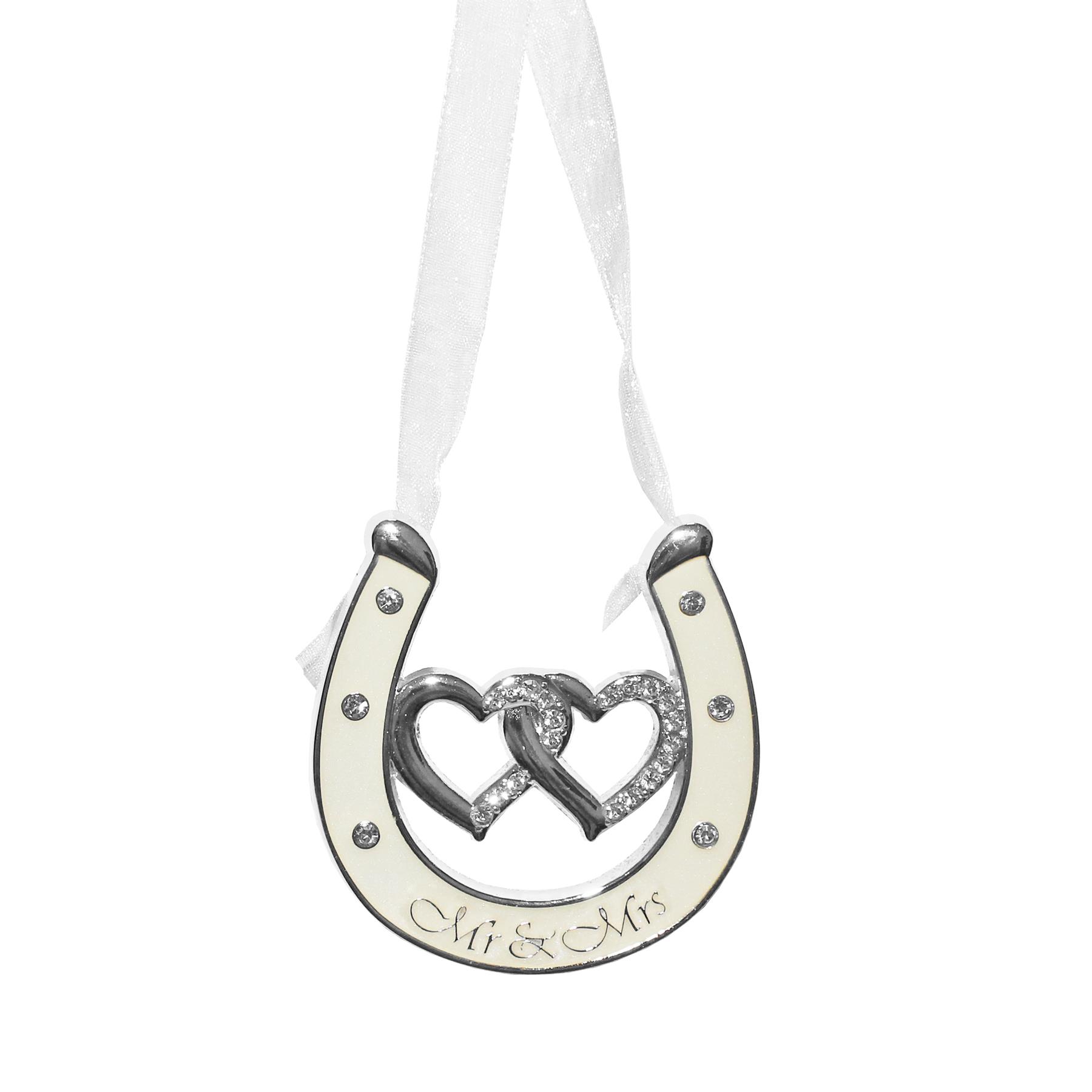 Wedding Silver / Ivory Double Heart Horseshoe with Diamantes - Mr and Mrs
