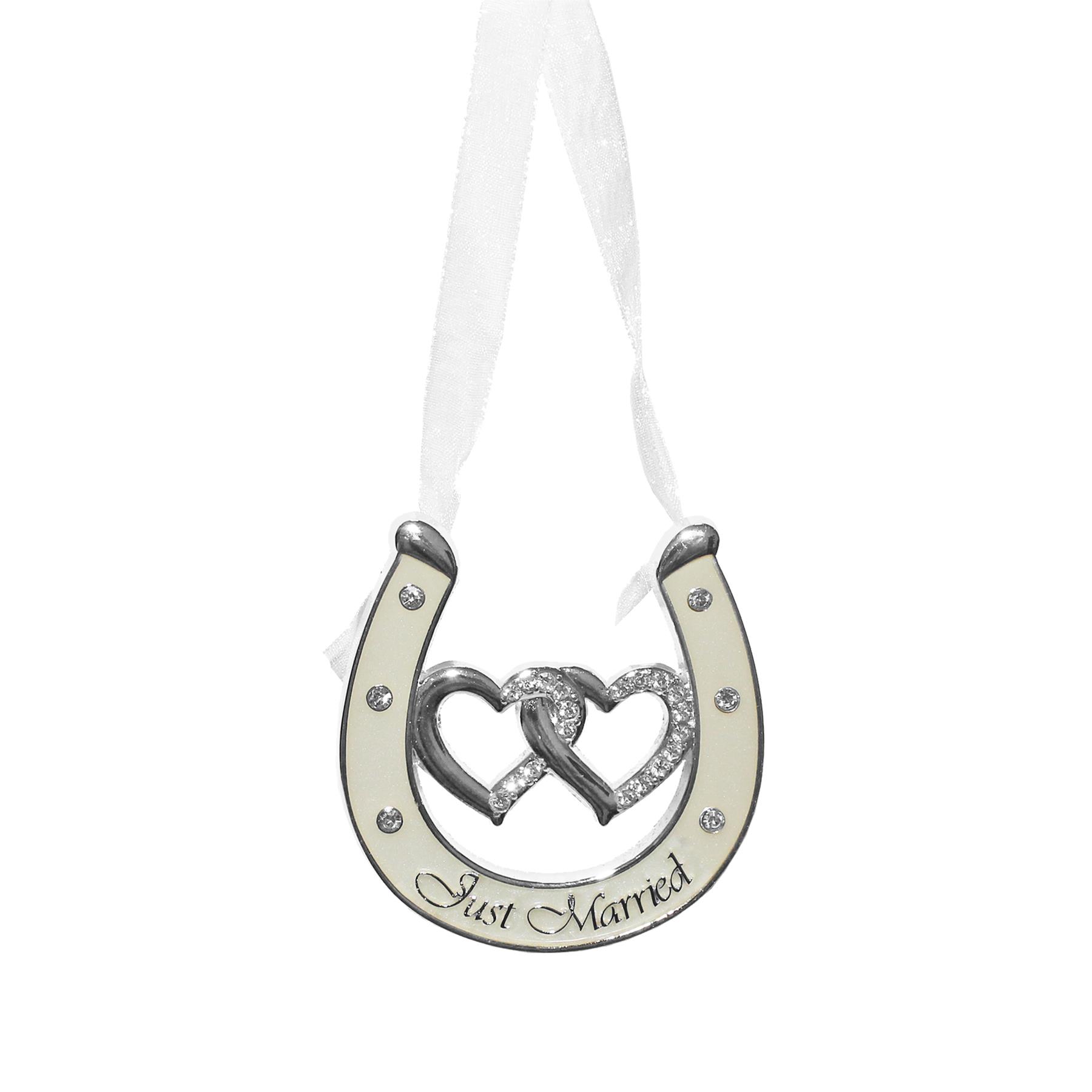 Wedding Silver / Ivory Double Heart Horseshoe with Diamantes - Just Married