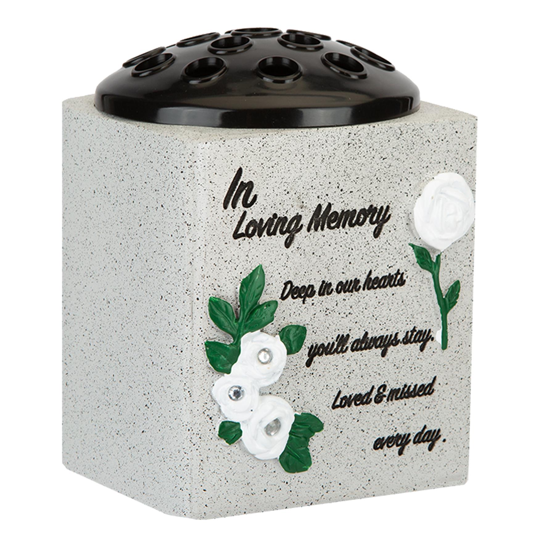 Memorial Rose Bowl Graveside Flower Vase with Coloured 3D Flowers - In Loving Memory