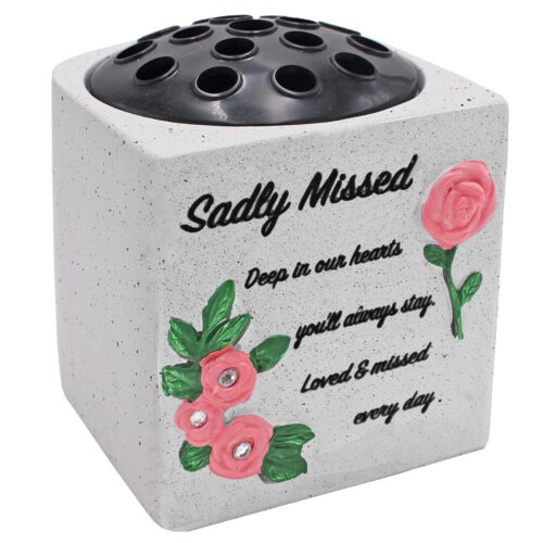 Memorial Rose Bowl Graveside Flower Vase with Coloured 3D Flowers - Sadly Missed Pink