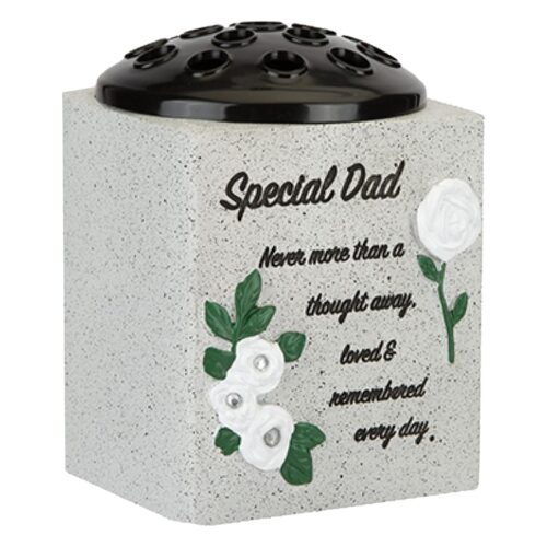 Memorial Rose Bowl Graveside Flower Vase with Coloured 3D Flowers - Dad White