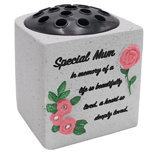 Memorial Rose Bowl Graveside Flower Vase with Coloured 3D Flowers - Special Mum Pink