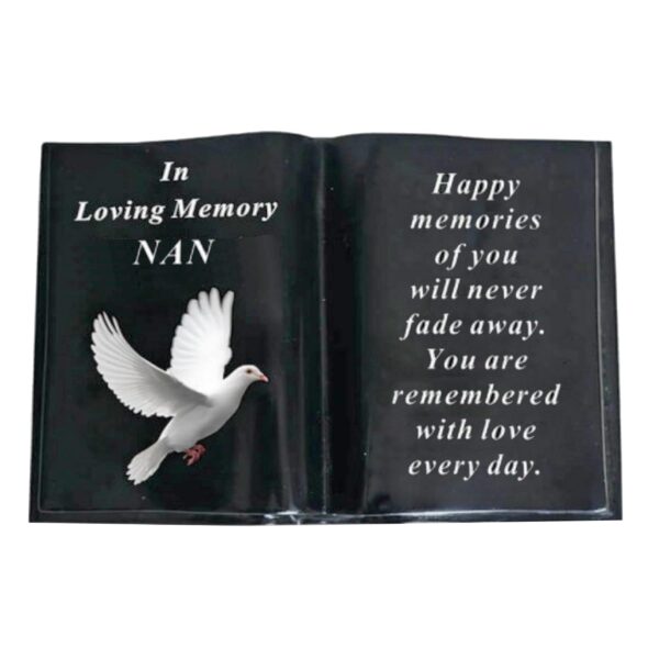 Graveside Memorial Open Book Ornament - Black with Dove - Nan