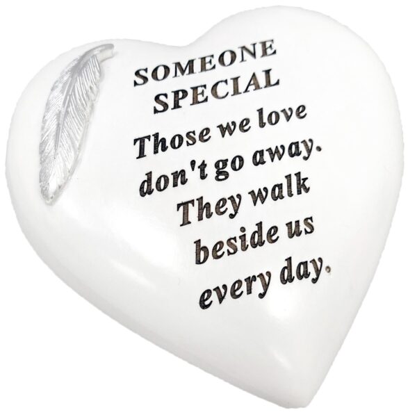 White Graveside Heart Memorial Plaque - Feather Detail - Someone Special