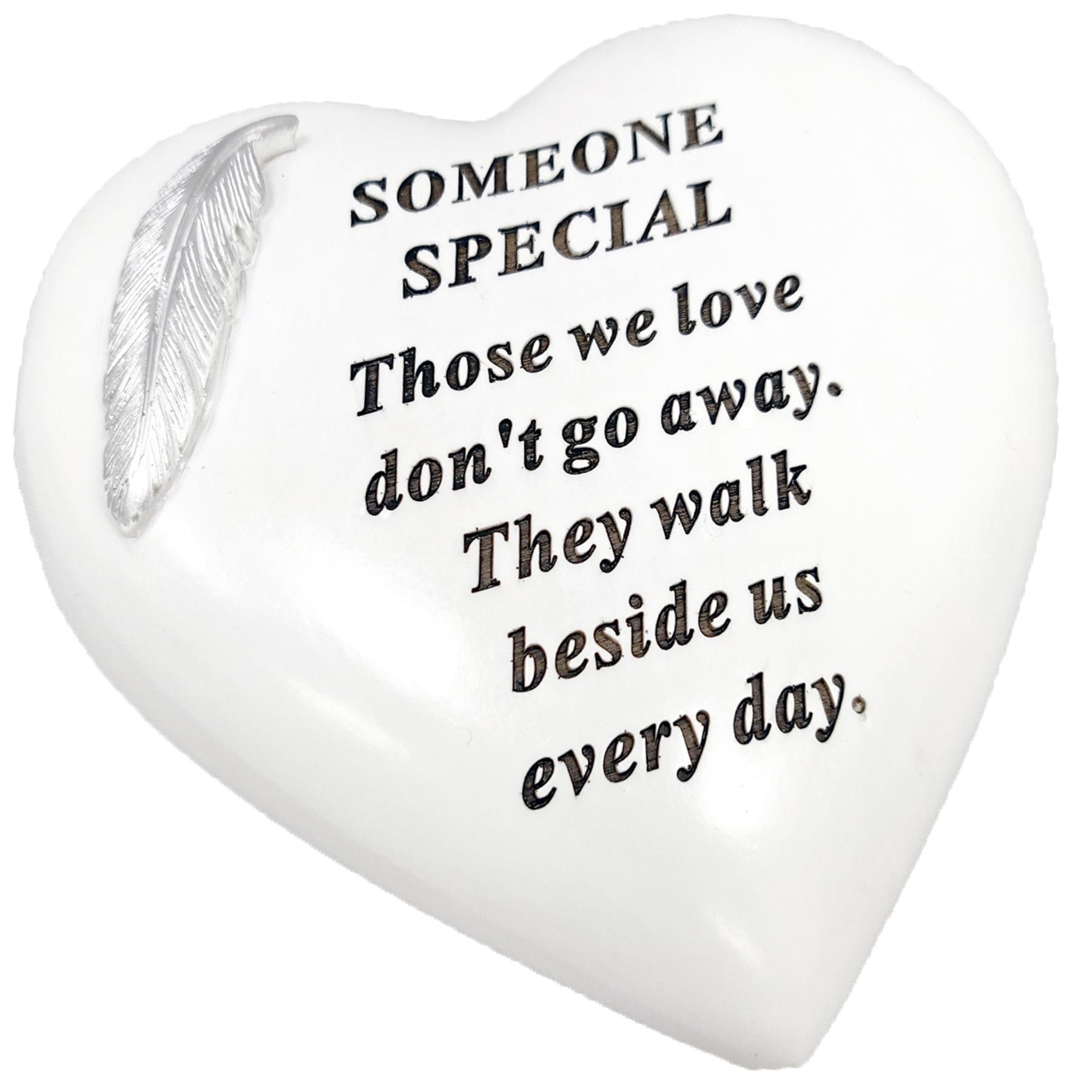 White Graveside Heart Memorial Plaque - Feather Detail - Someone Special