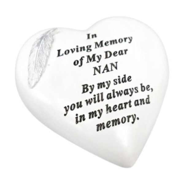 White Graveside Heart Memorial Plaque - Feather Detail - Nan