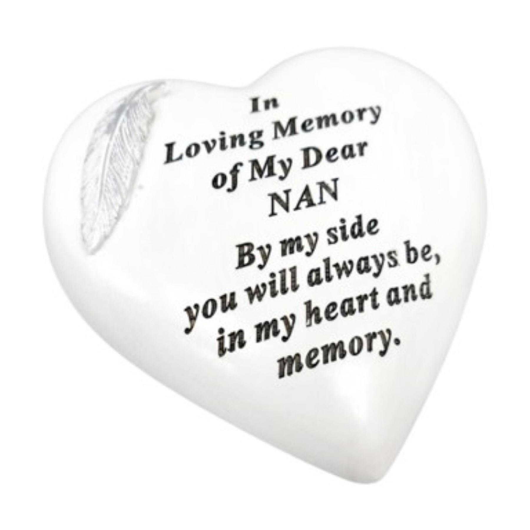 White Graveside Heart Memorial Plaque - Feather Detail - Nan