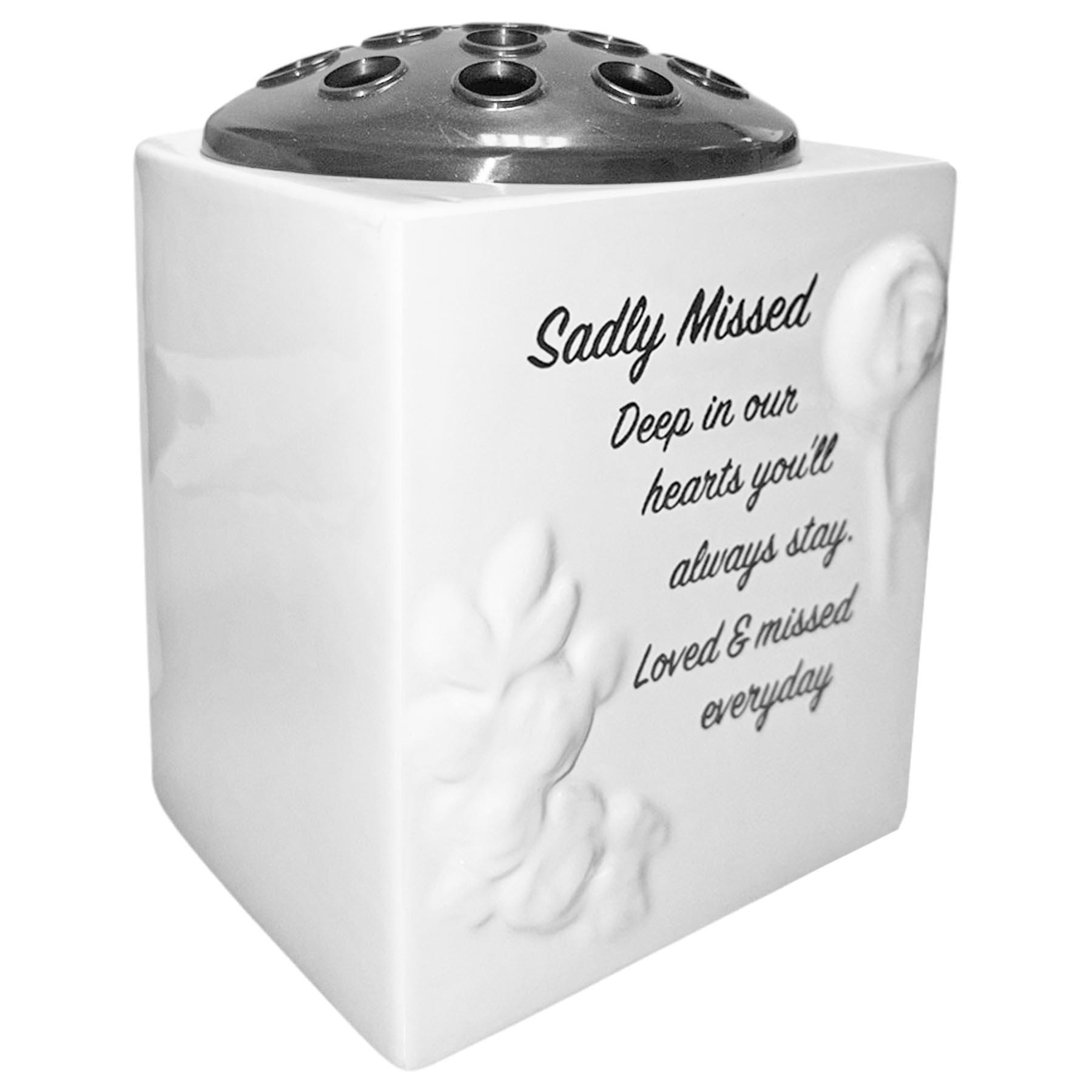 Memorial Rose Bowl Graveside Glazed Flower Vase with 3D Flowers - Sadly Missed