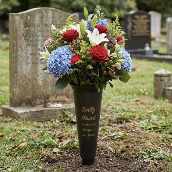 Black Graveside Memorial Flower Spiked Vase with Wavy Edge - Sadly Missed
