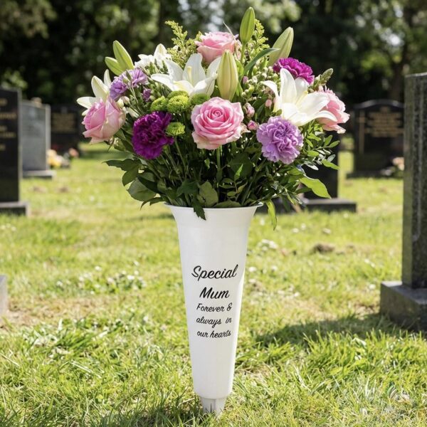 White Graveside Memorial Flower Spiked Vase with Wavy Edge - Special Mum