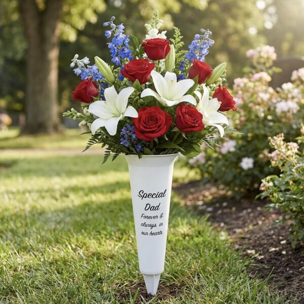 White Graveside Memorial Flower Spiked Vase with Wavy Edge - Special Dad