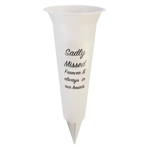 White Graveside Memorial Flower Spiked Vase with Wavy Edge - Sadly Missed