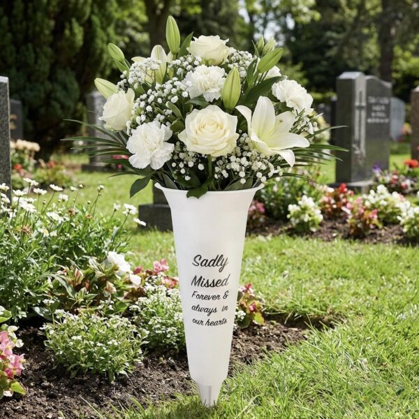 image485750238.jpg White Graveside Memorial Flower Spiked Vase with Wavy Edge - Sadly Missed