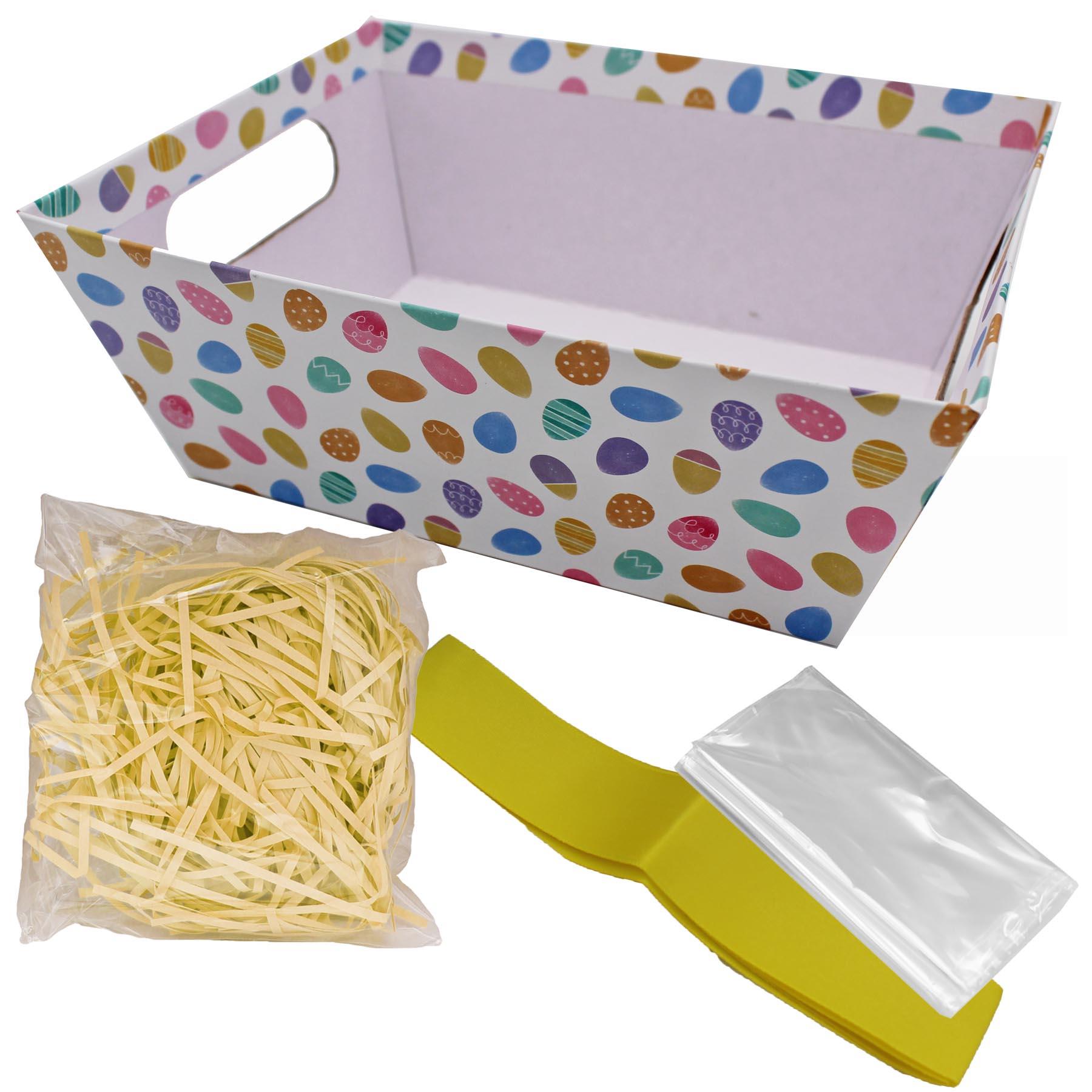 Easter Hamper Basket Kit Gift Box Filling Cellophane Ribbon - White with Eggs