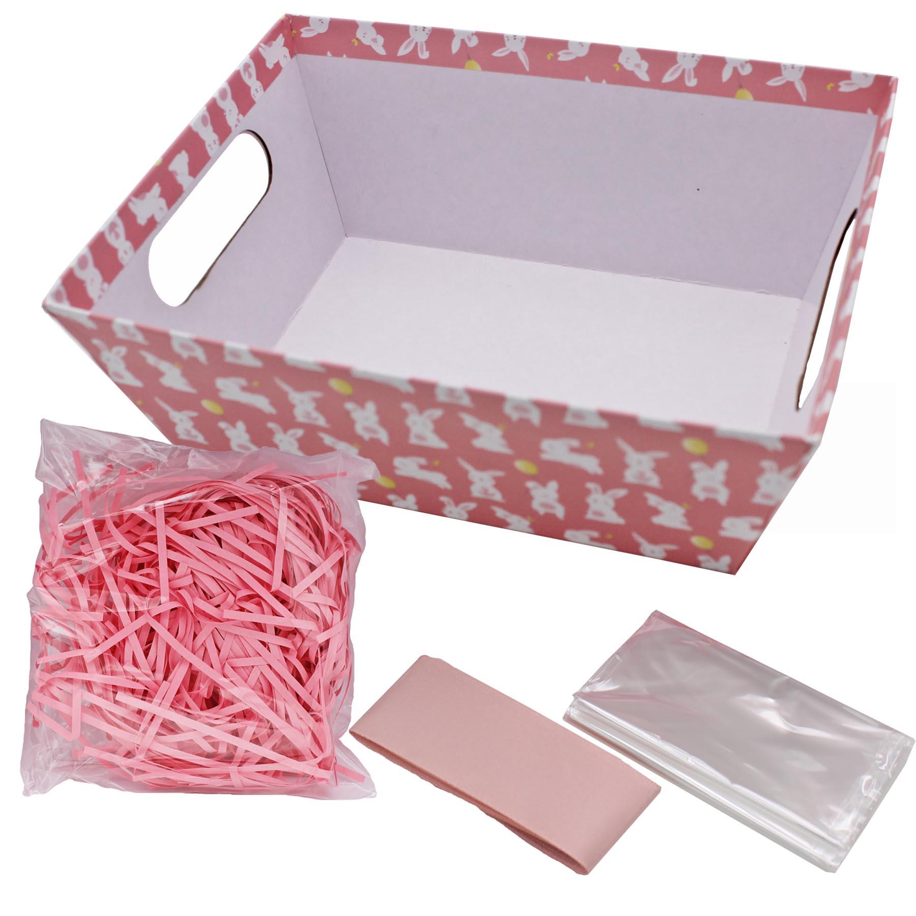 Easter Hamper Basket Kit Gift Box Filling Cellophane Ribbon - Pink with Bunnies