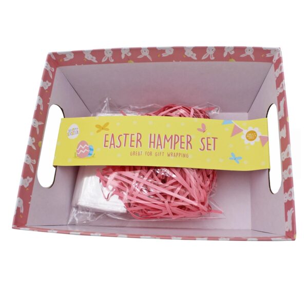 Easter Hamper Basket Kit Gift Box Filling Cellophane Ribbon - Pink with Bunnies