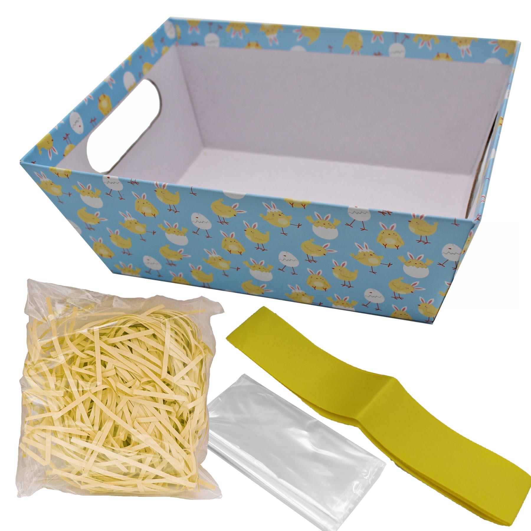 Easter Hamper Basket Kit Gift Box Filling Cellophane Ribbon - Blue with Chicks