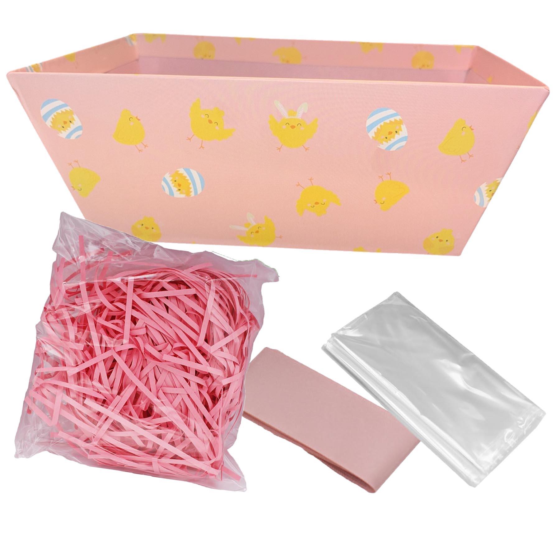 Easter Hamper Basket Kit Gift Box Filling Cellophane Ribbon - Pink with Bunnies