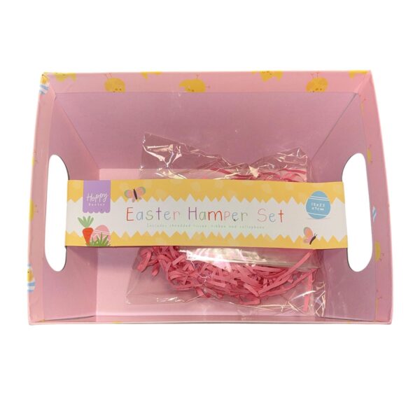 Easter Hamper Basket Kit Gift Box Filling Cellophane Ribbon - Pink with Bunnies
