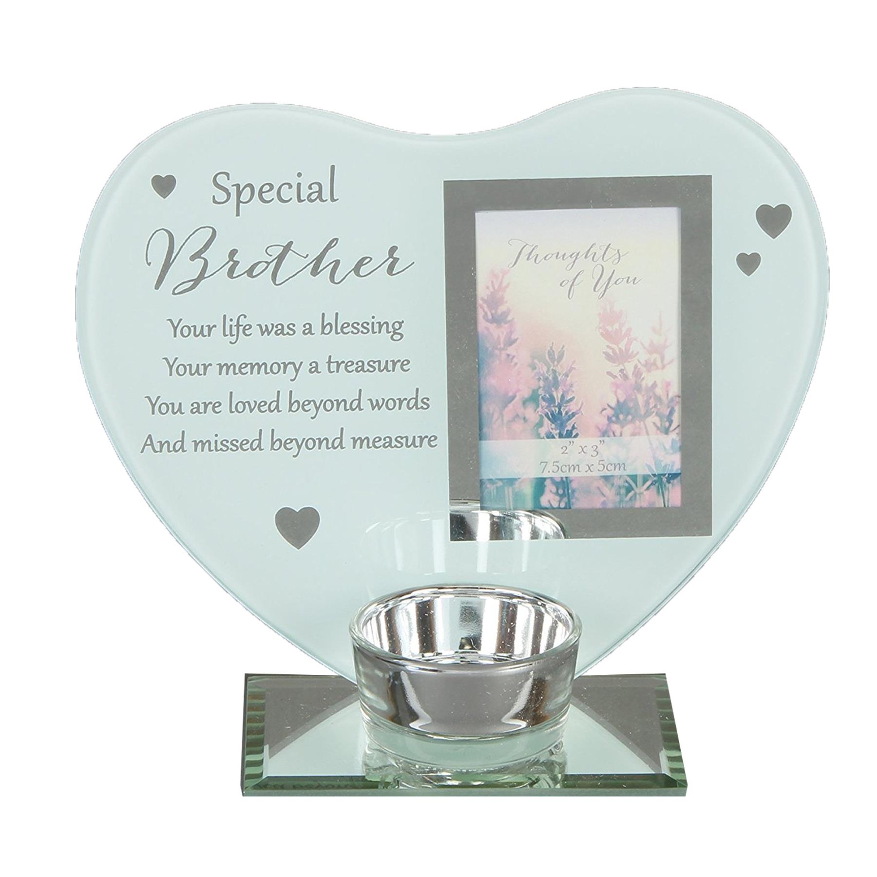 Glass Memorial Tea Light Candle Holder with Photo Frame - Brother