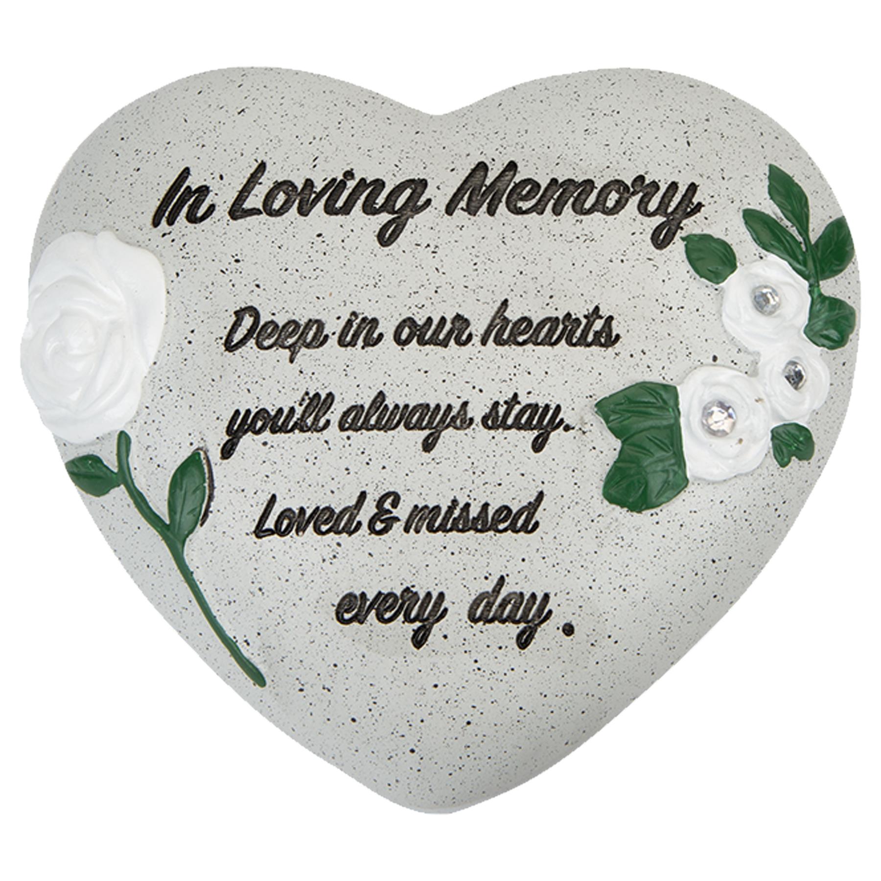 Memorial Heart Plaque with Flower Diamantes and Wording Polyresin - In Loving Memory