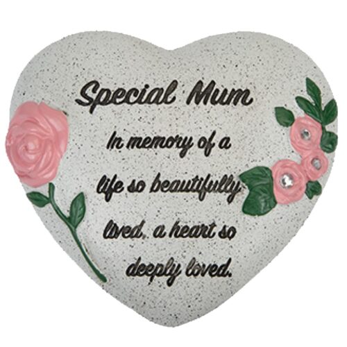 Memorial Heart Plaque with Flower Diamantes and Wording Polyresin - Special Mum