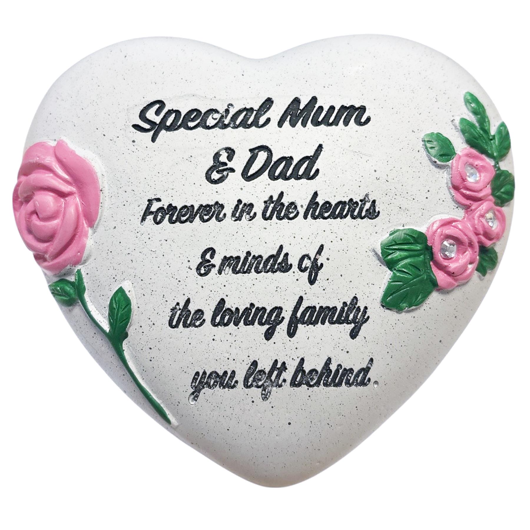 Memorial Heart Plaque with Flower Diamantes and Wording Polyresin - Special Mum and Dad