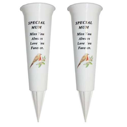 Set of 2 Memorial Graveside Flower Vases with Spike Robin Image - Mum