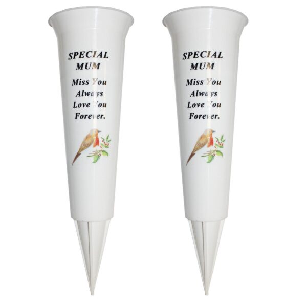 Set of 2 Memorial Graveside Flower Vases with Spike Robin Image - Mum