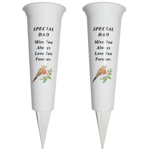 Set of 2 Memorial Graveside Flower Vases with Spike Robin Image - Dad