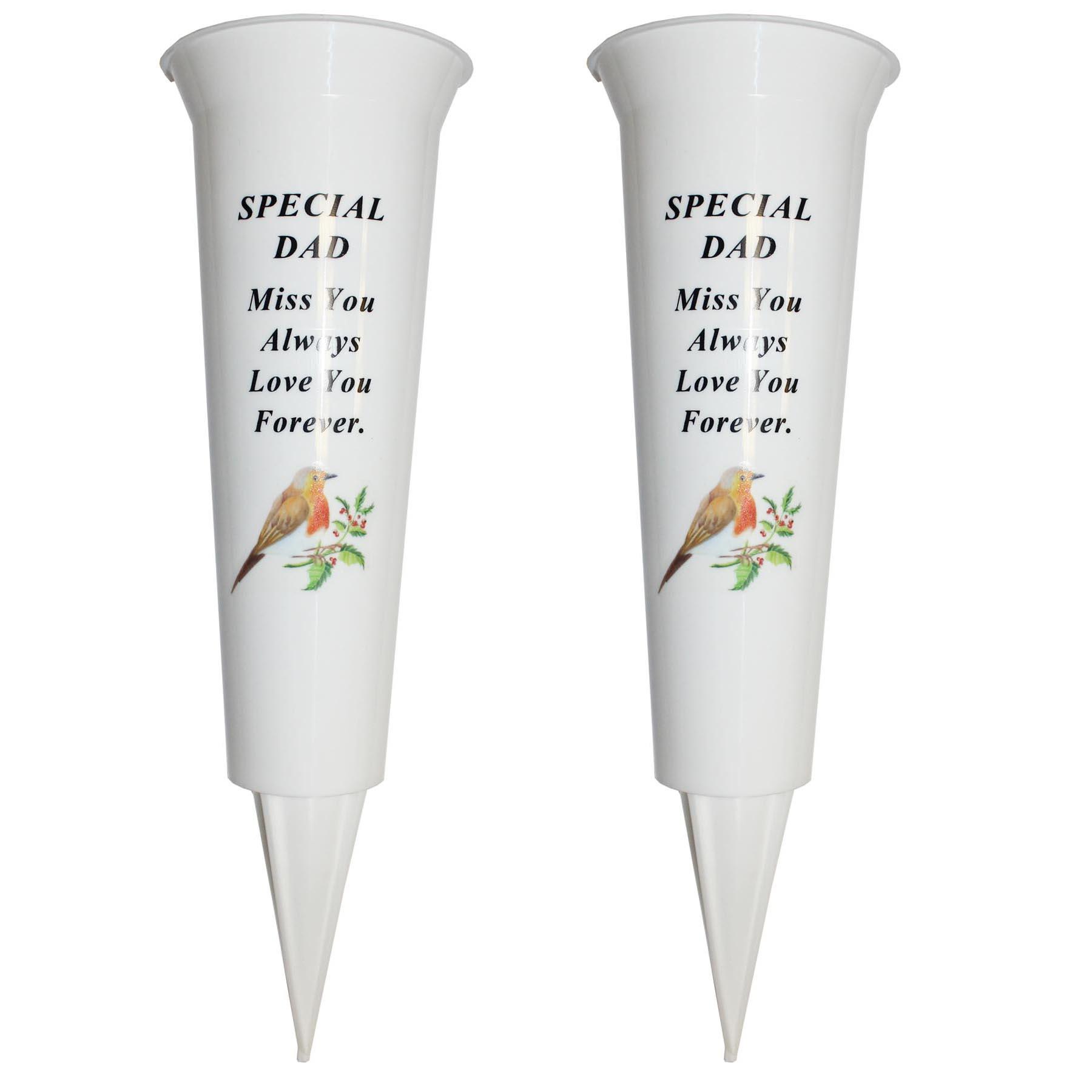 Set of 2 Memorial Graveside Flower Vases with Spike Robin Image - Dad