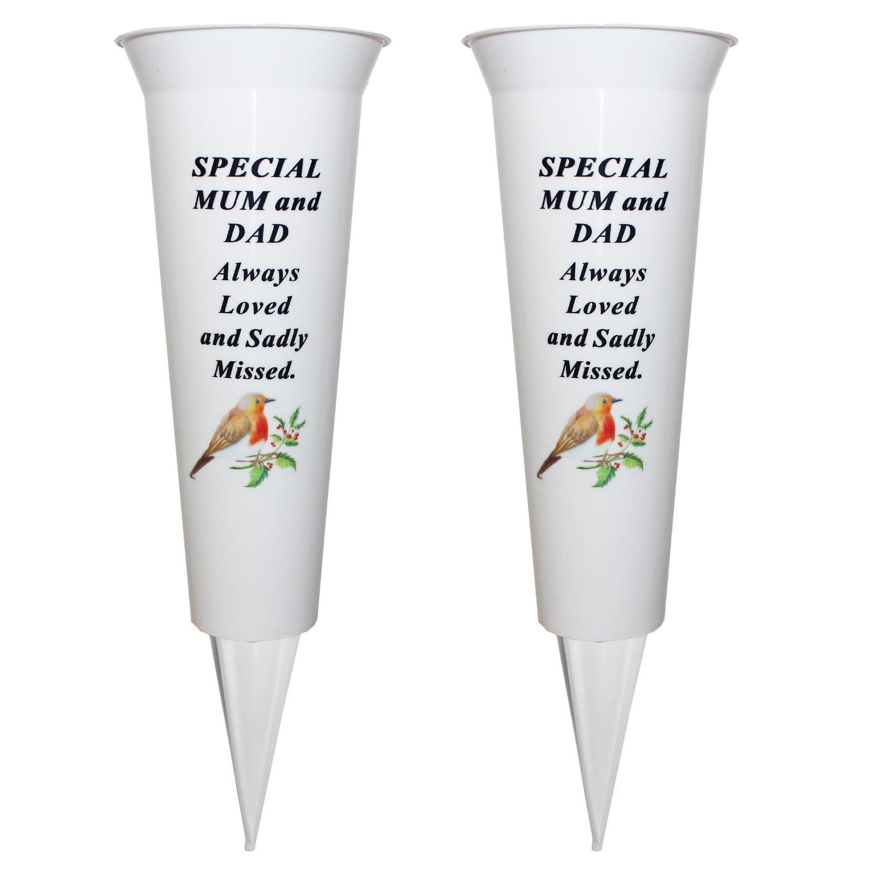 Set of 2 Memorial Graveside Flower Vases with Spike Robin Image - Mum and Dad
