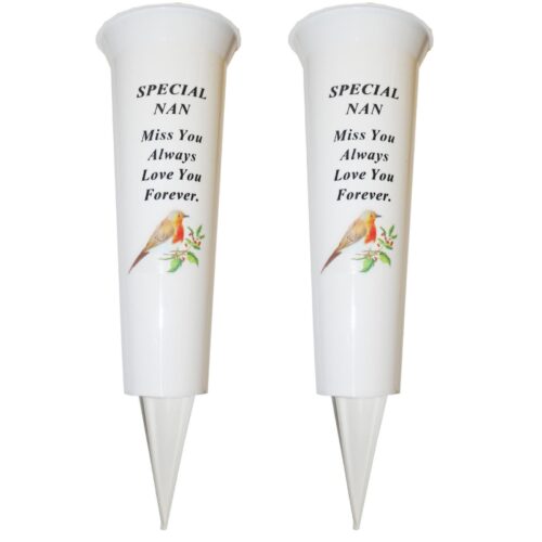 Set of 2 Memorial Graveside Flower Vases with Spike Robin Image - Nan