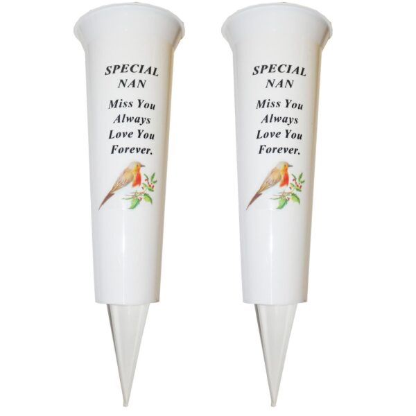 Set of 2 Memorial Graveside Flower Vases with Spike Robin Image - Nan