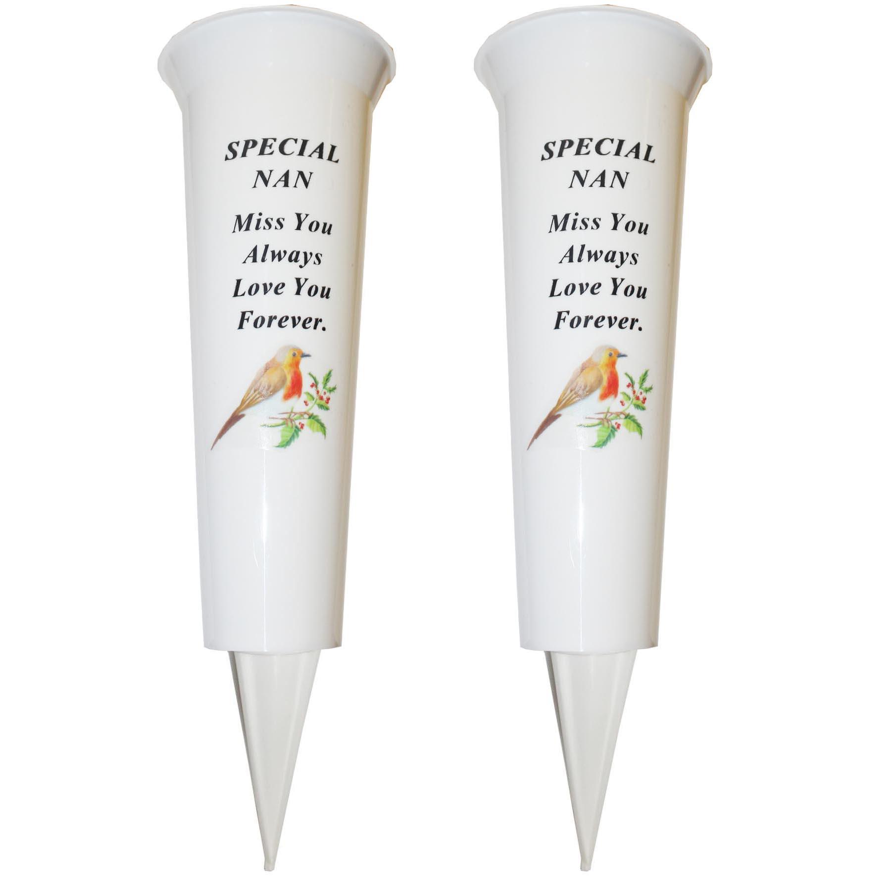 Set of 2 Memorial Graveside Flower Vases with Spike Robin Image - Nan