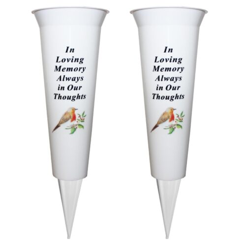 Set of 2 Memorial Graveside Flower Vases with Spike Robin Image - In Loving Memory