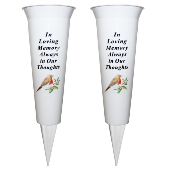 Set of 2 Memorial Graveside Flower Vases with Spike Robin Image - In Loving Memory
