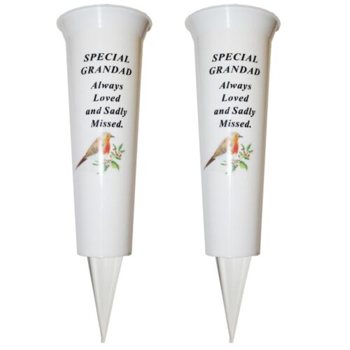 Set of 2 Memorial Graveside Flower Vases with Spike Robin Image - Grandad